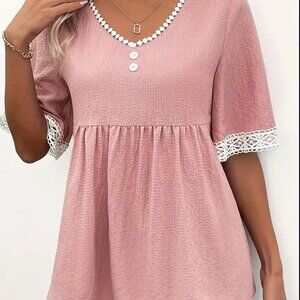 Pink Lace Trim V Neck Blouse